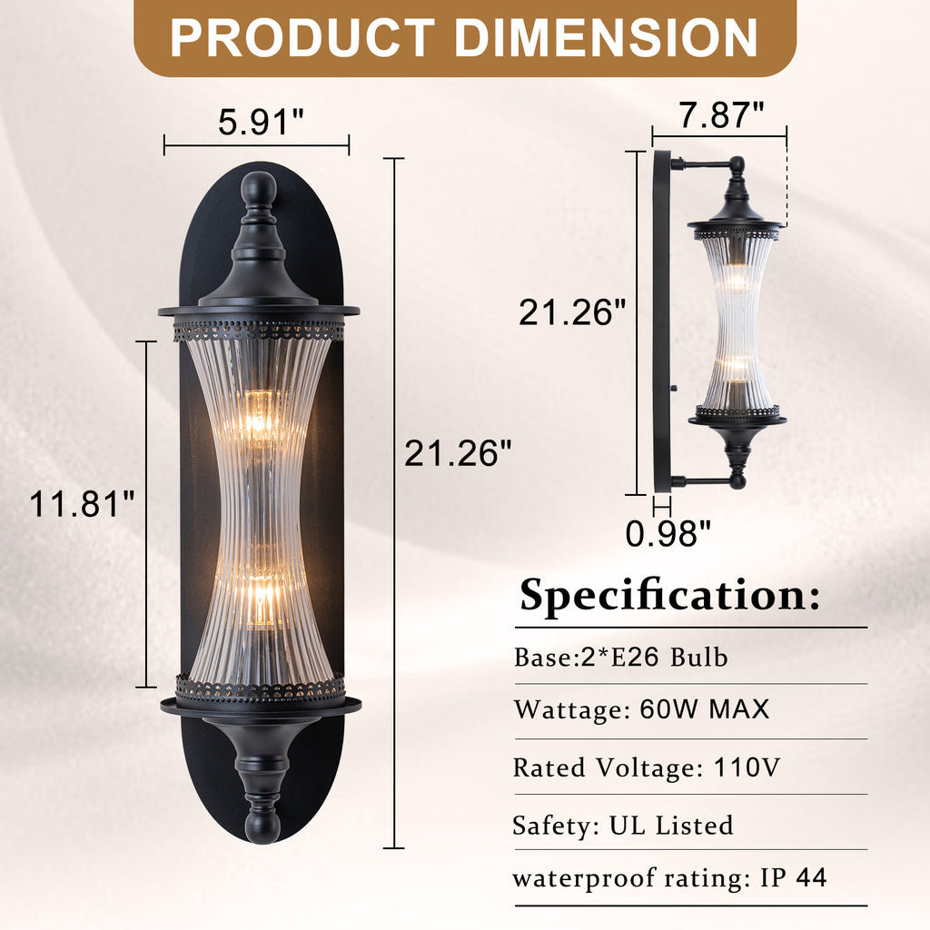2-Light Matte Black Outdoor Wall Lantern Ribbed Glass Shade Patio - product image 10 | Zenvolit