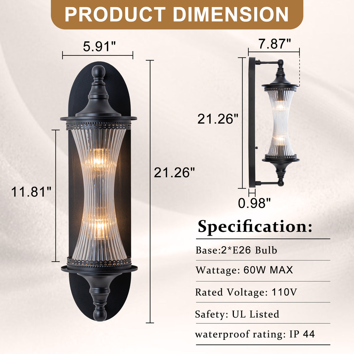 2-Light Matte Black Outdoor Wall Lantern Ribbed Glass Shade Patio - product image 10 | Zenvolit