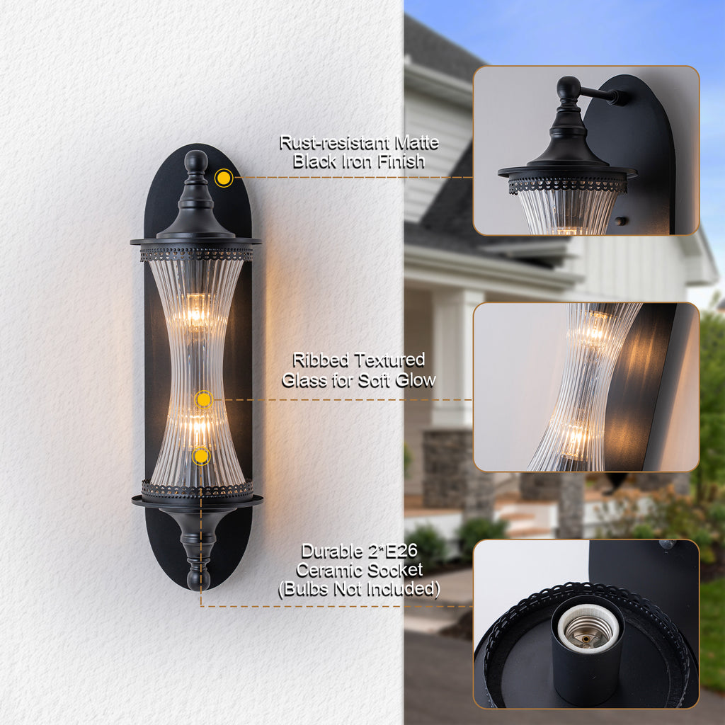 2-Light Matte Black Outdoor Wall Lantern Ribbed Glass Shade Patio - product image 14 | Zenvolit