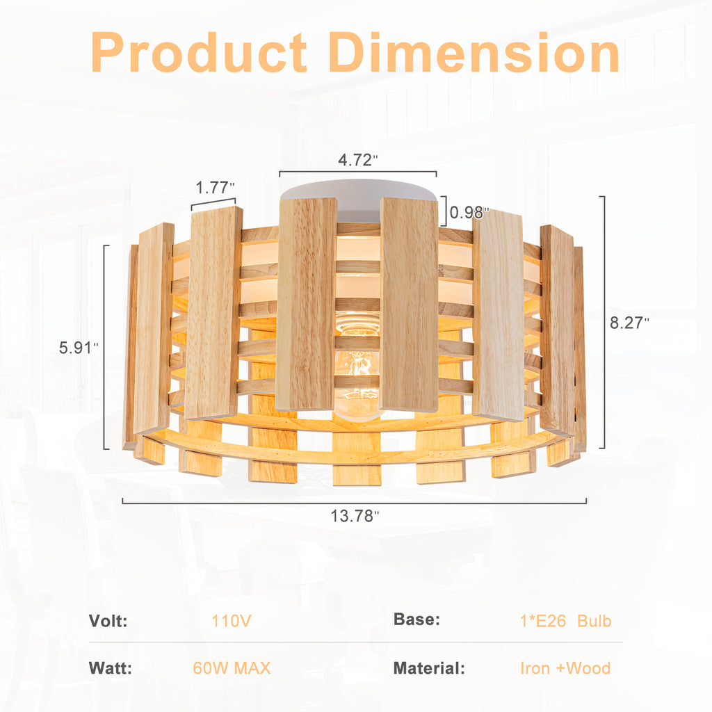 Natural Wood Slat Semi-Flush Mount Light Single Modern Rustic Ceiling - product image 6 | Zenvolit