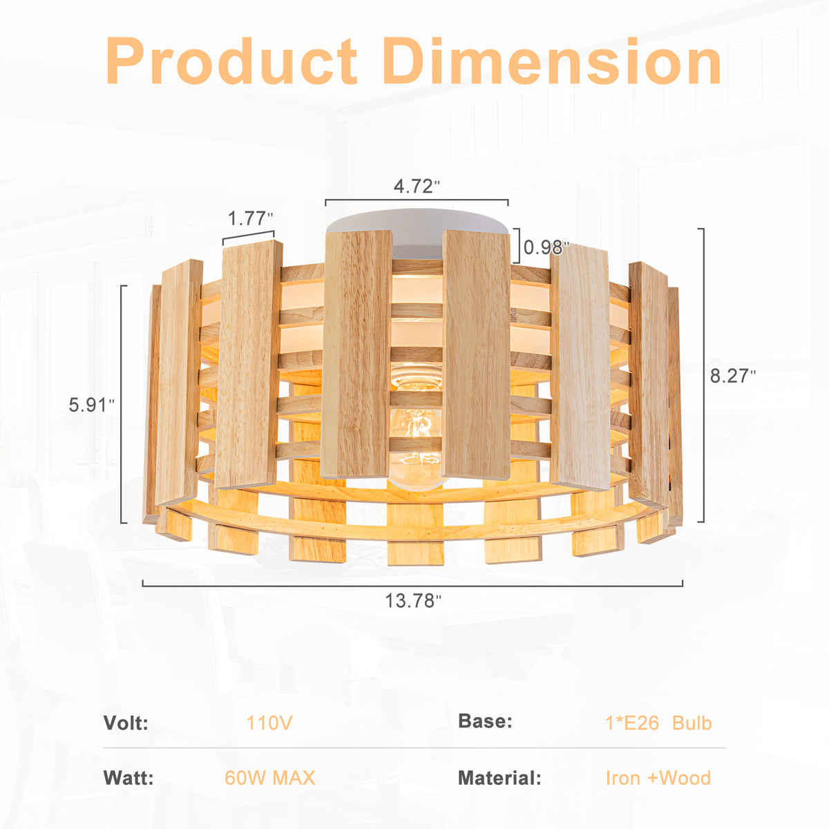 Natural Wood Slat Semi-Flush Mount Light Single Modern Rustic Ceiling - product image 6 | Zenvolit