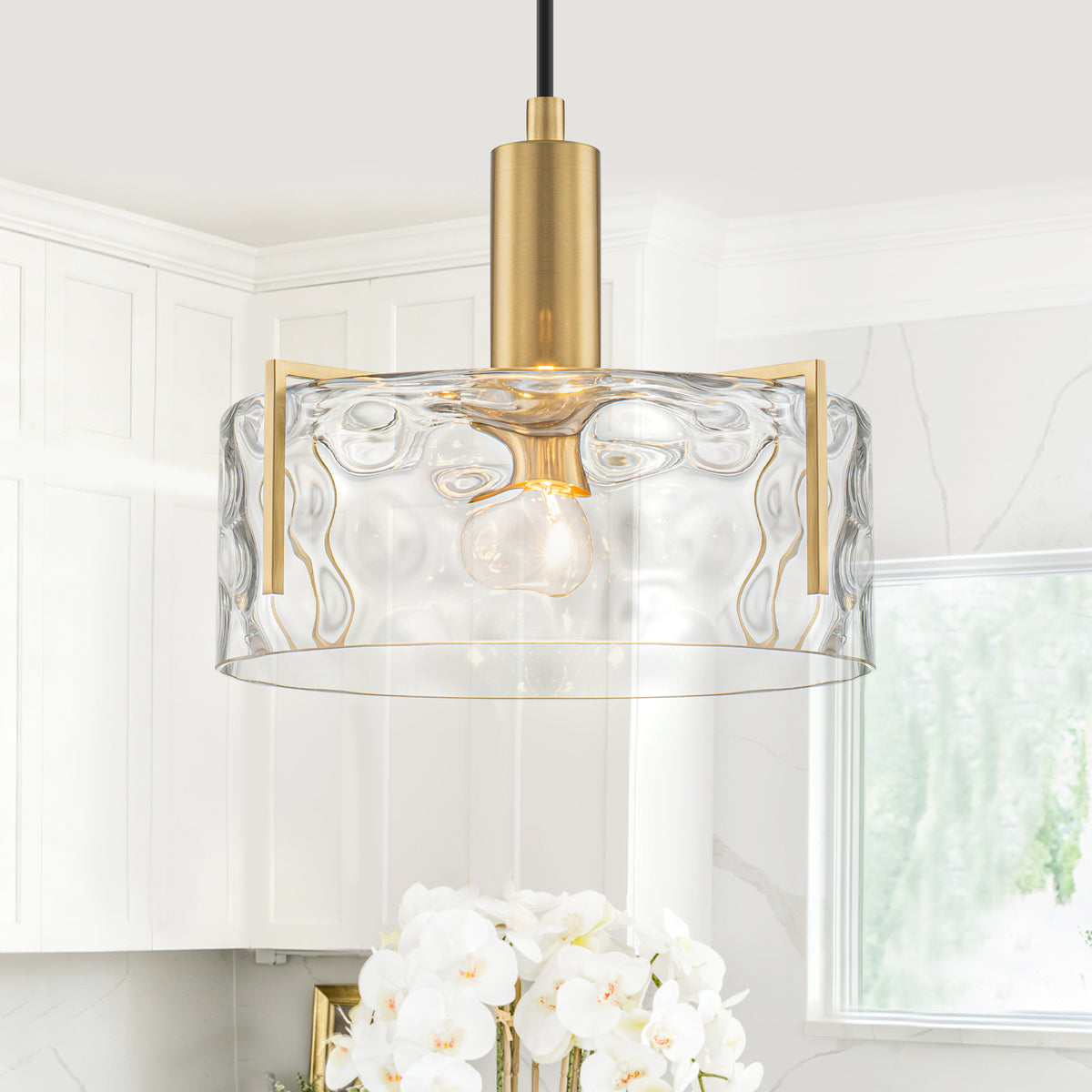 Modern Drum Pendant Light Clear Water Ripple Glass Shade for Bedroom - product image 7 | Zenvolit