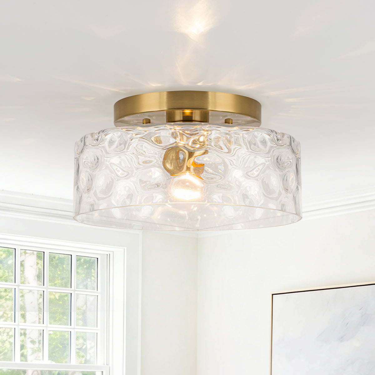 Modern Drum Flush Mount Ceiling Light Clear Water Ripple Glass Shade - product image 2 | Zenvolit