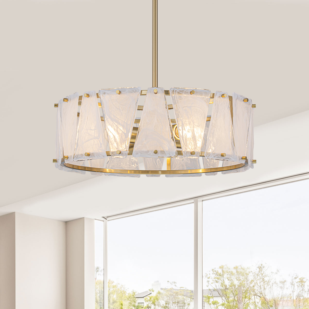 4-Light Modern Round Chandelier Trapezoidal Cloud Glass Panels Dining