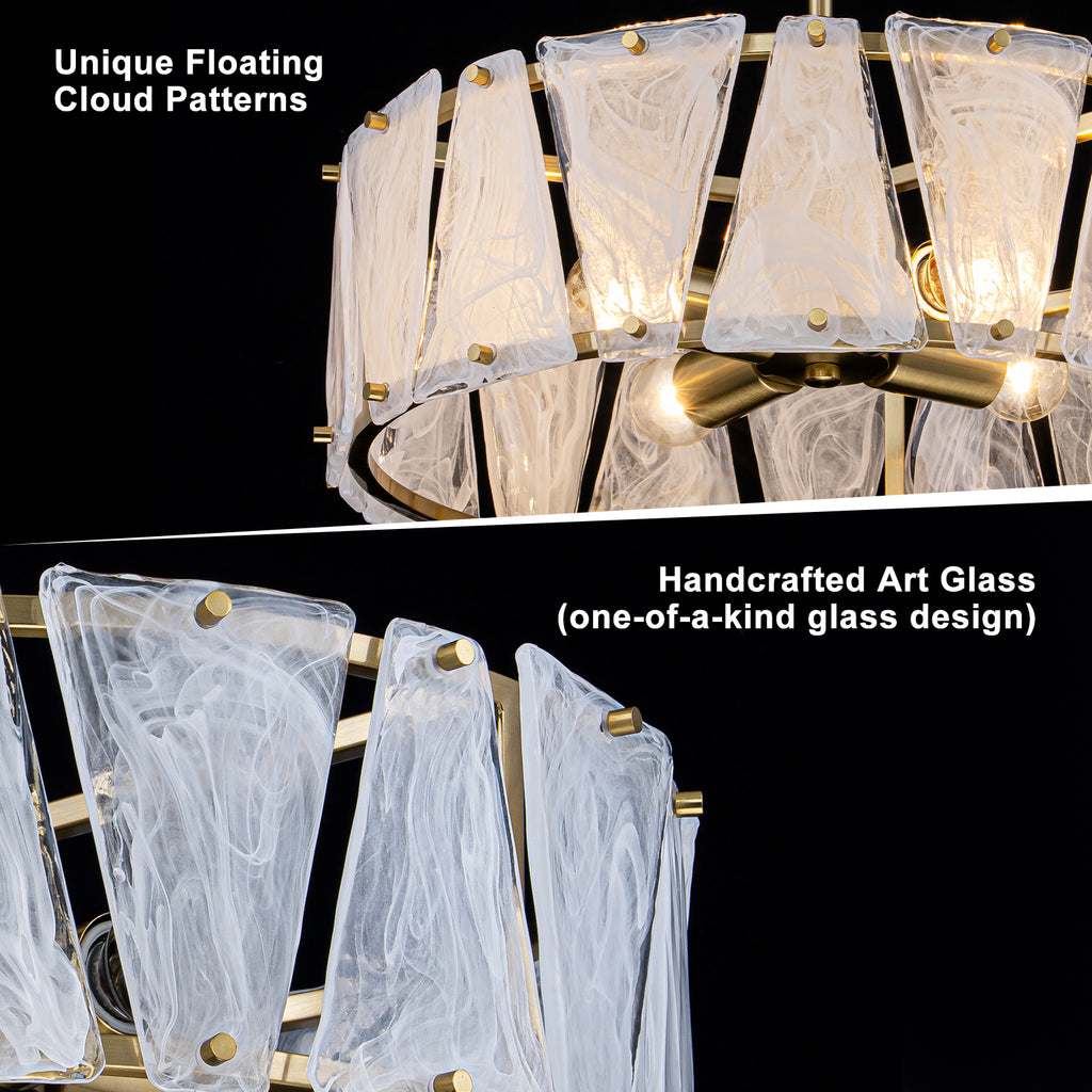4-Light Modern Round Chandelier Trapezoidal Cloud Glass Panels Dining