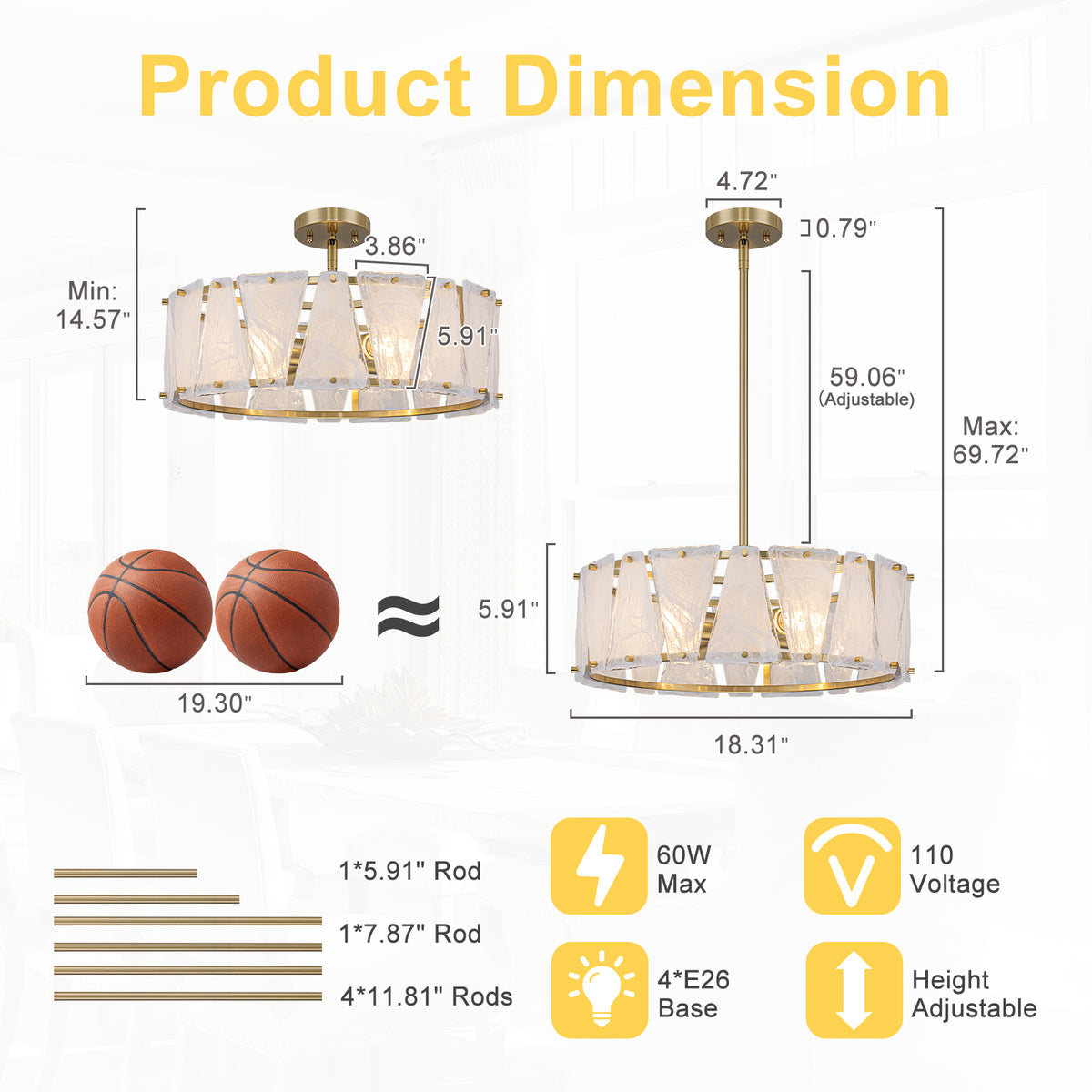 4-Light Modern Round Chandelier Trapezoidal Cloud Glass Panels Dining