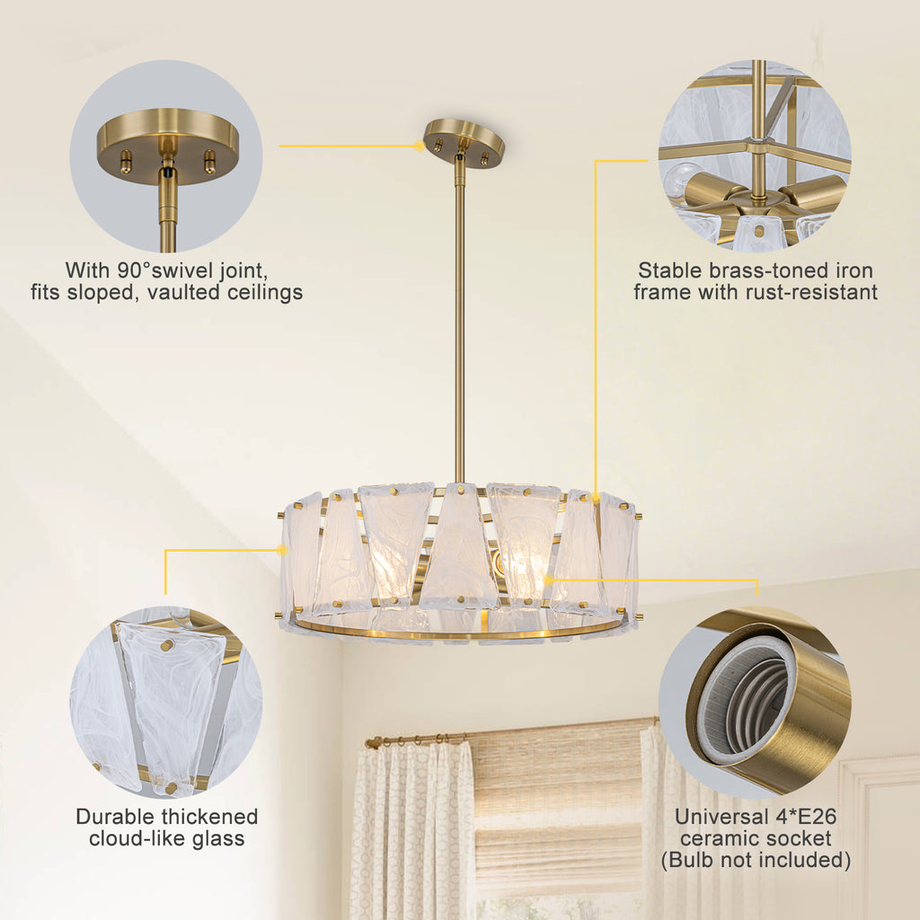 4-Light Modern Round Chandelier Trapezoidal Cloud Glass Panels Dining