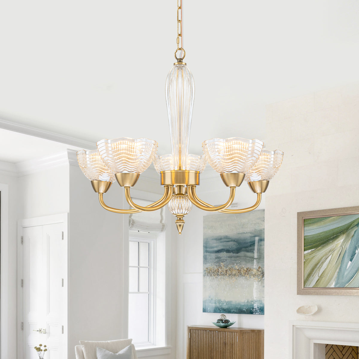 5-Light Gold Chandelier Cognac Wave-Glass Shades Dining Room Bedroom - product image 1 | Zenvolit