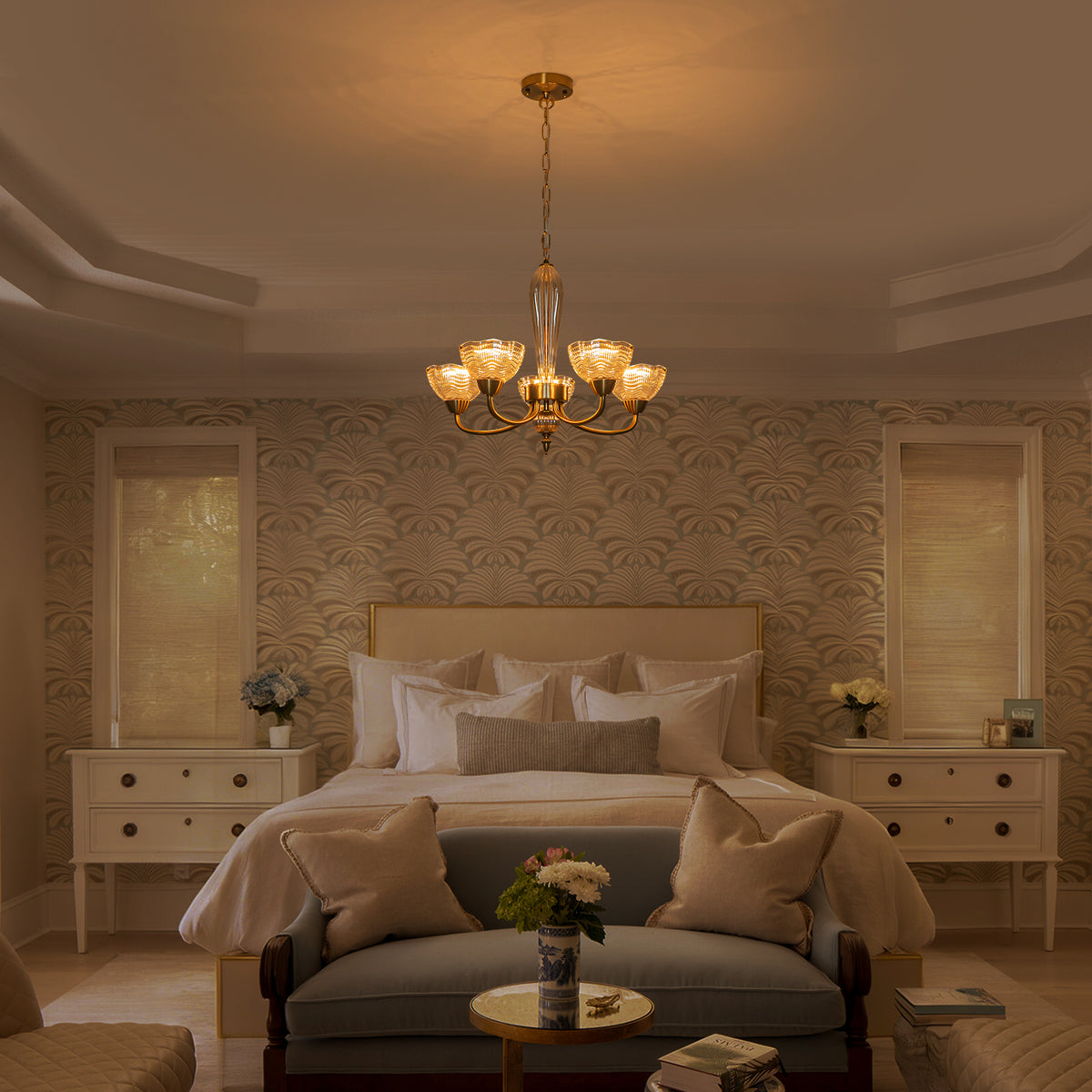 5-Light Gold Chandelier Cognac Wave-Glass Shades Dining Room Bedroom