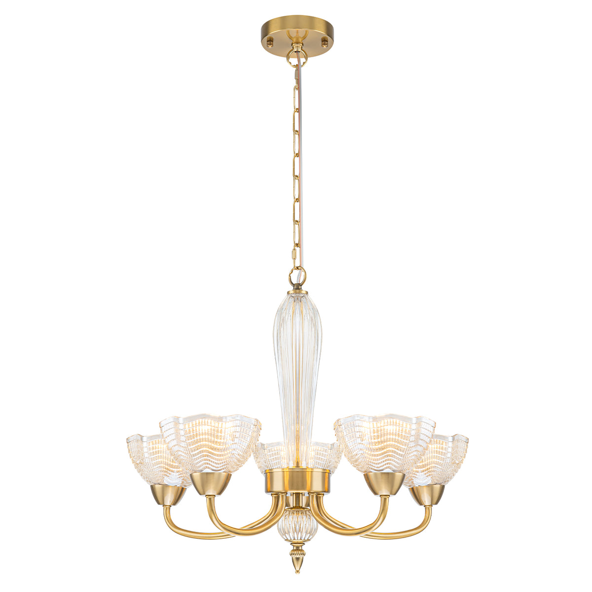 5-Light Gold Chandelier Cognac Wave-Glass Shades Dining Room Bedroom