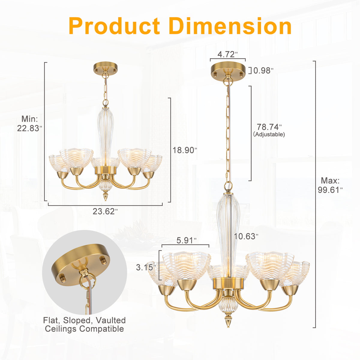 5-Light Gold Chandelier Cognac Wave-Glass Shades Dining Room Bedroom