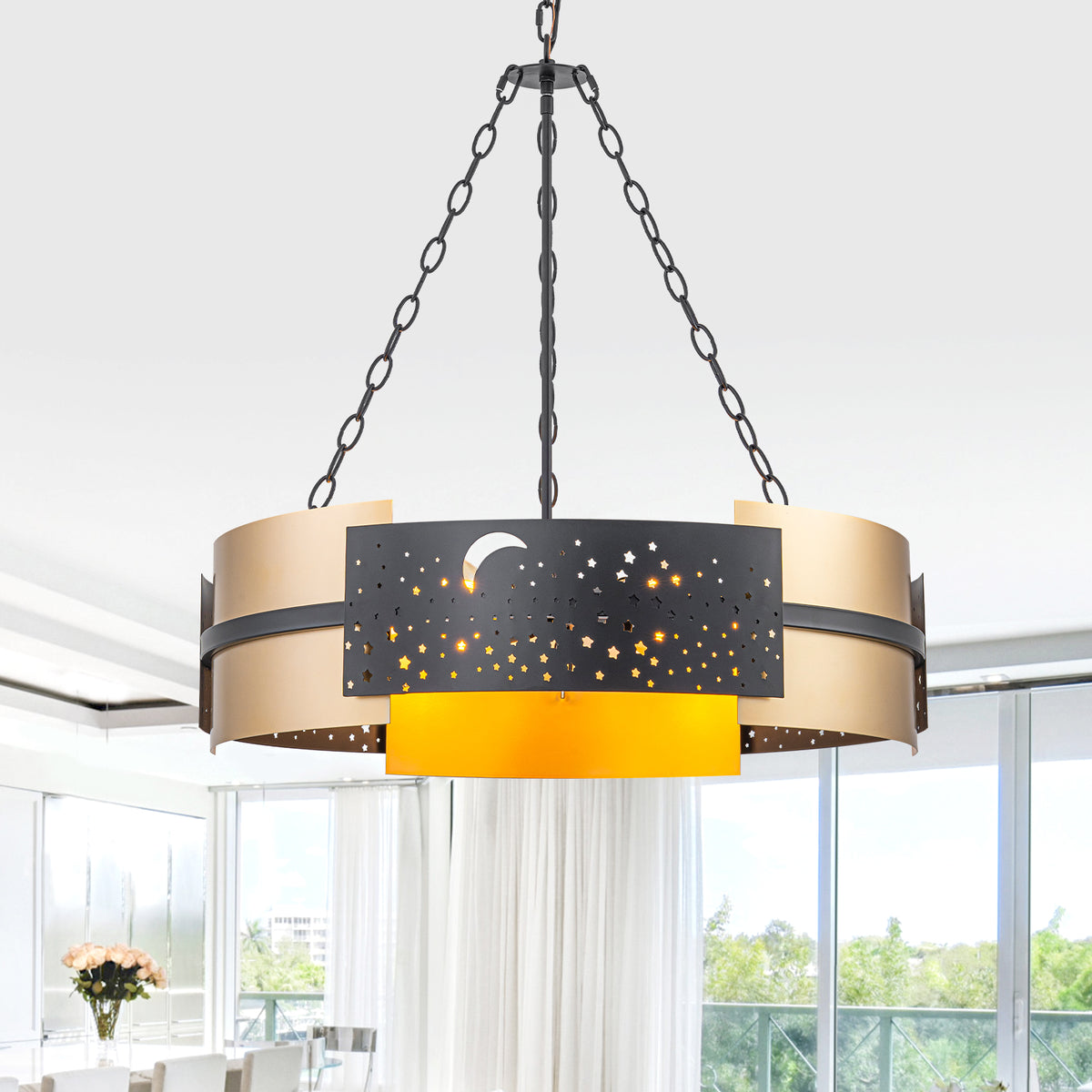 Black 7-Light Chandelier Starry Cutout Wood Accents Modern Rustic - product image 1 | Zenvolit