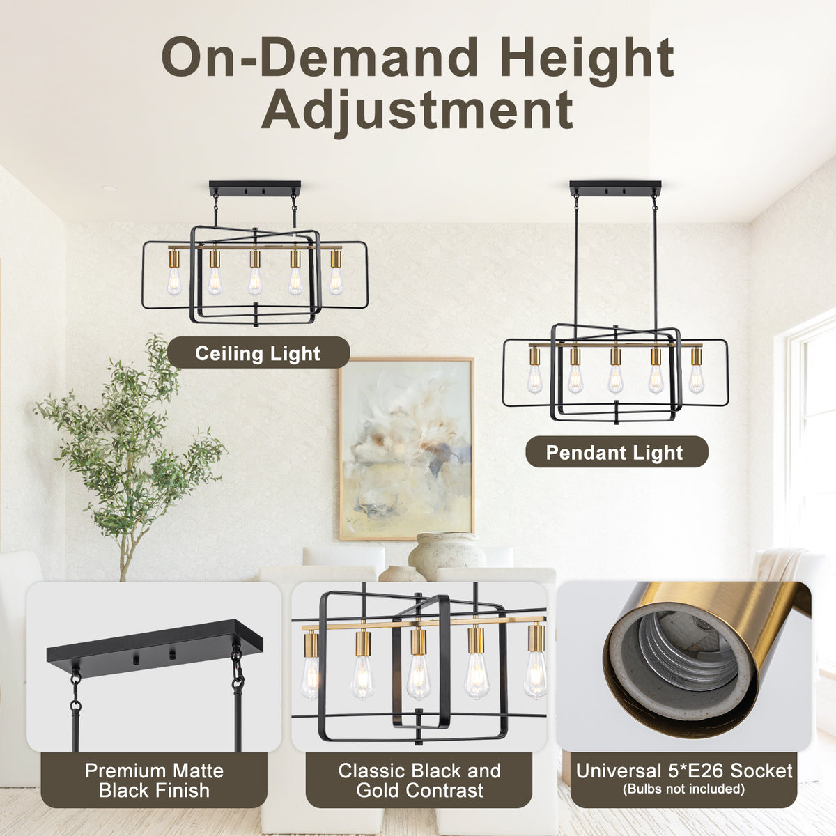 5-Light Kitchen Linear Island Pendant Light 3Tier Geometric Chandelier - product image 3 | Zenvolit