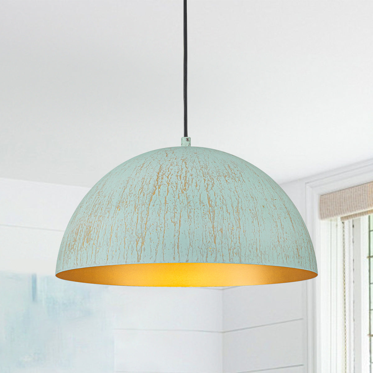 Vintage Distressed Finish Green Gold Dome Pendant Light Dining Room - product image 1 | Zenvolit