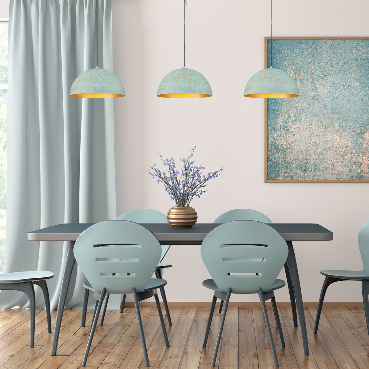 Vintage Distressed Finish Green Gold Dome Pendant Light Dining Room - product image 5 | Zenvolit