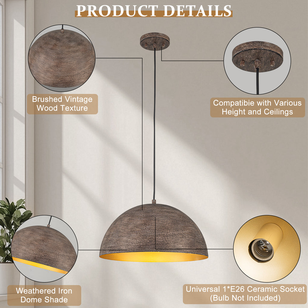 Industrial Rustic Wood-Look Dome Pendant Light for Dining Room - product image 12 | Zenvolit