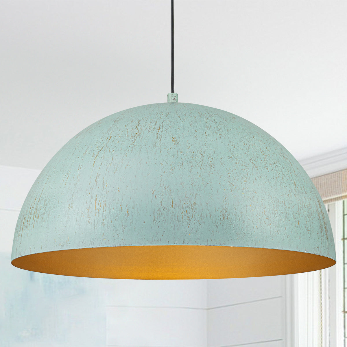 Vintage Distressed Finish Green Gold Dome Pendant Light Dining Room - product image 1 | Zenvolit