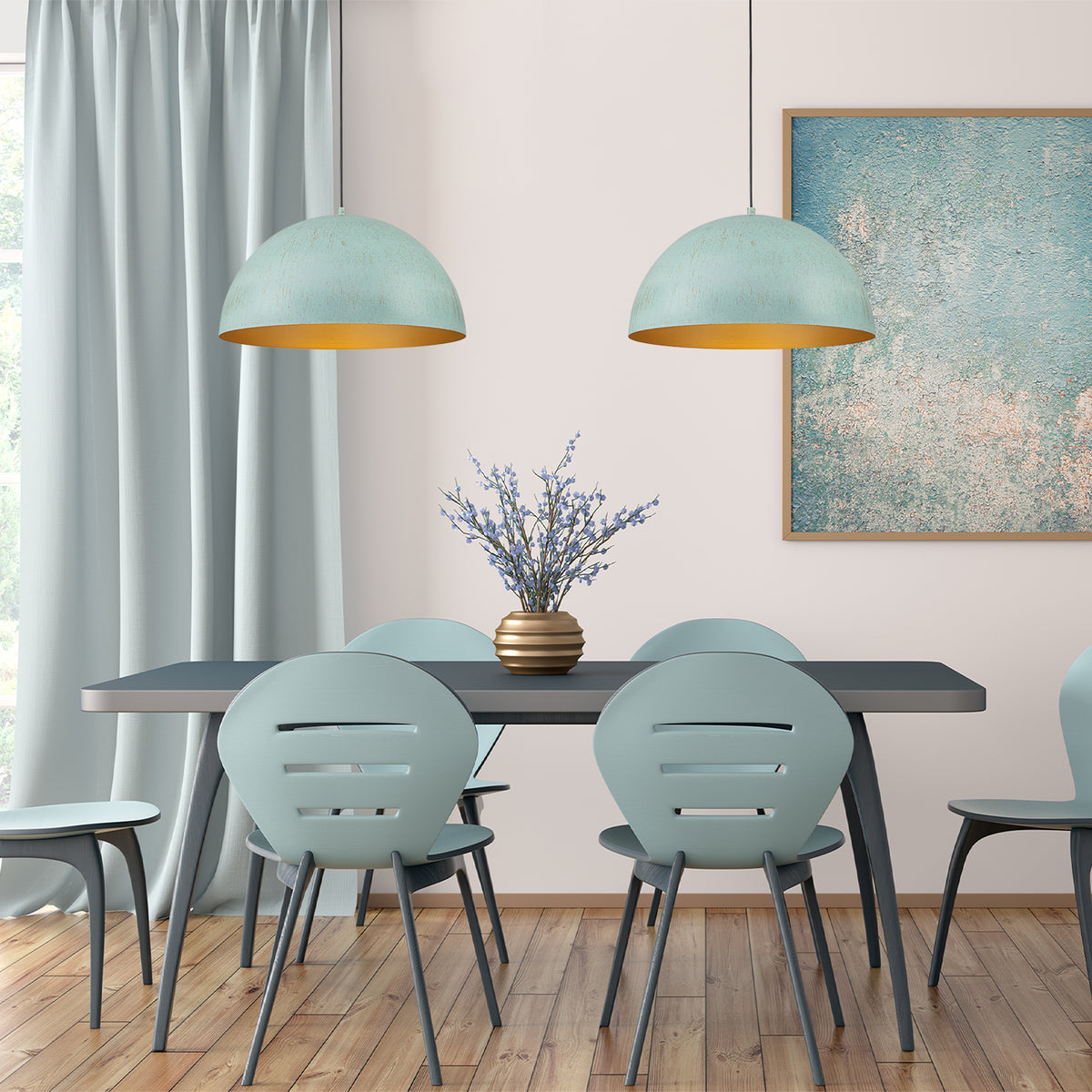 Vintage Distressed Finish Green Gold Dome Pendant Light Dining Room - product image 4 | Zenvolit