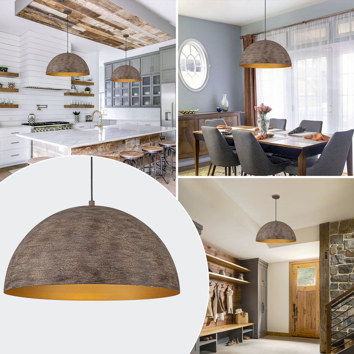 Industrial Rustic Wood-Look Dome Pendant Light for Dining Room - product image 6 | Zenvolit