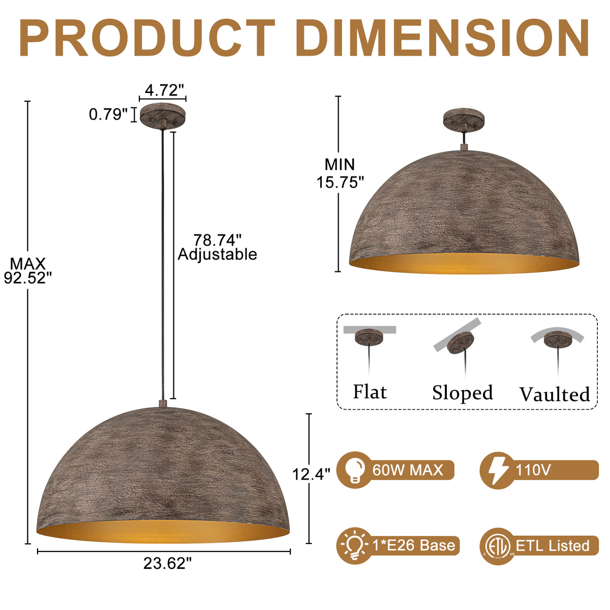 Industrial Rustic Wood-Look Dome Pendant Light for Dining Room - product image 7 | Zenvolit