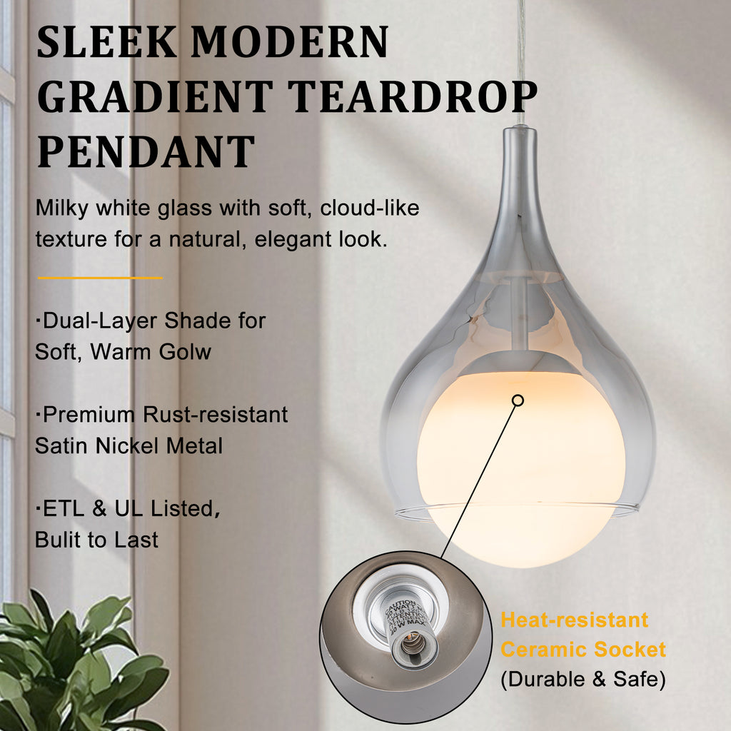 Modern Nickel Teardrop Pendant Light Smoke Gradient White Glass Shade - product image 14 | Zenvolit