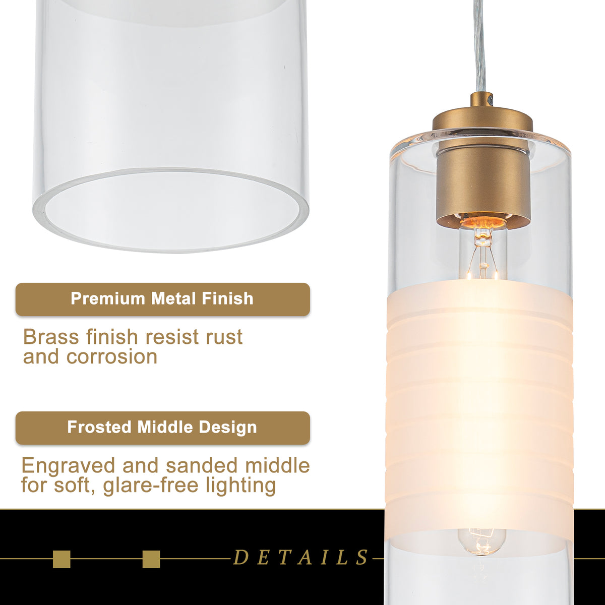 Matte Brass Cylinder Pendant Light with Clear Glass Shade for Bedroom - product image 3 | Zenvolit