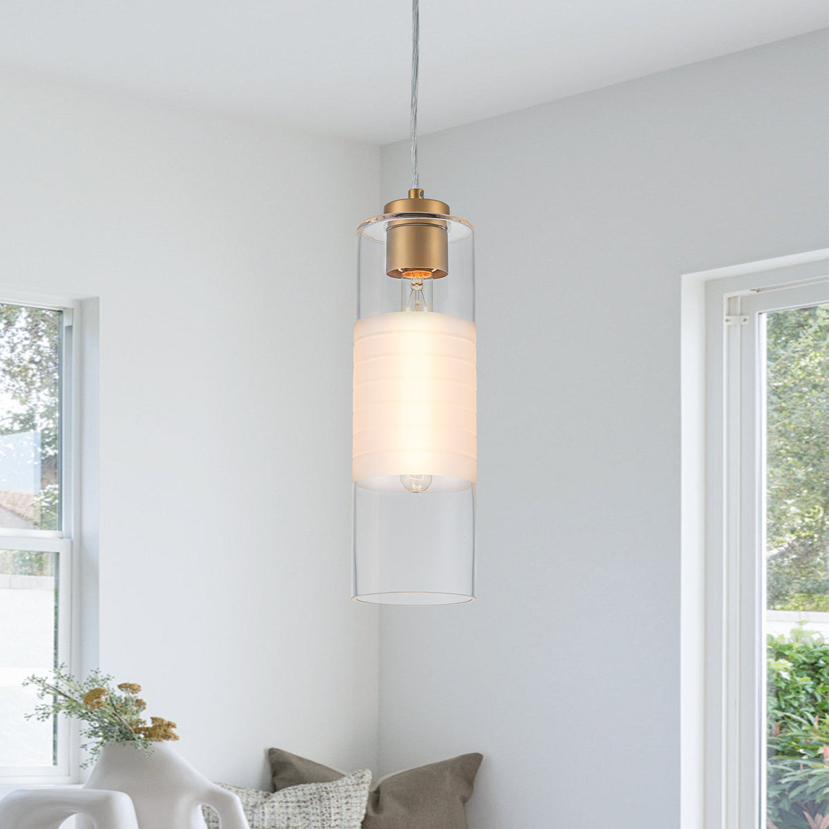 Matte Brass Cylinder Pendant Light with Clear Glass Shade for Bedroom - product image 11 | Zenvolit