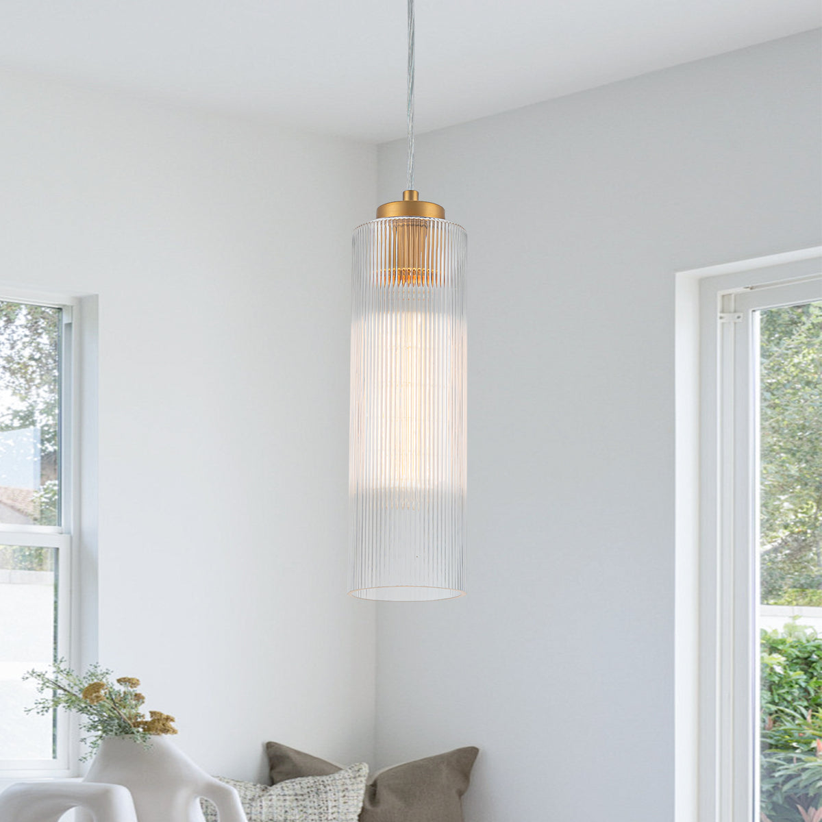 Matte Brass Cylinder Pendant Light Clear Ribbed Glass Shade Bedroom - product image 1 | Zenvolit