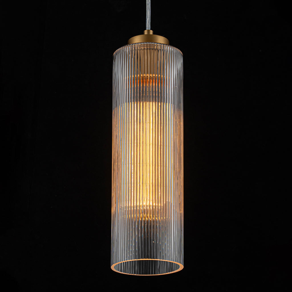 Matte Brass Cylinder Pendant Light Clear Ribbed Glass Shade Bedroom - product image 3 | Zenvolit