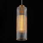 Matte Brass Cylinder Pendant Light Clear Ribbed Glass Shade Bedroom - product image 3 | Zenvolit