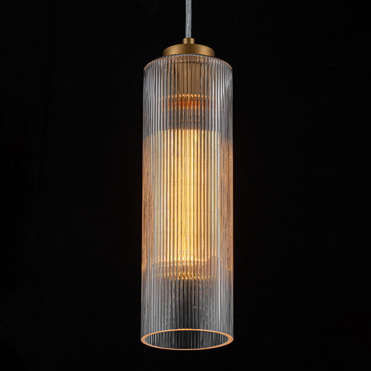 Matte Brass Cylinder Pendant Light Clear Ribbed Glass Shade Bedroom - product image 3 | Zenvolit