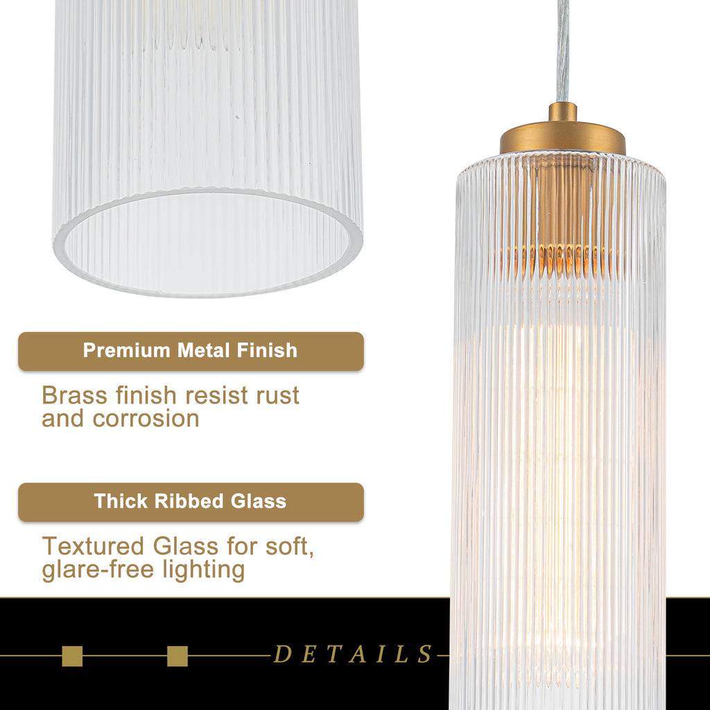 Matte Brass Cylinder Pendant Light Clear Ribbed Glass Shade Bedroom - product image 5 | Zenvolit