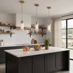 Matte Brass Cylinder Pendant Light Clear Ribbed Glass Shade Bedroom - product image 6 | Zenvolit