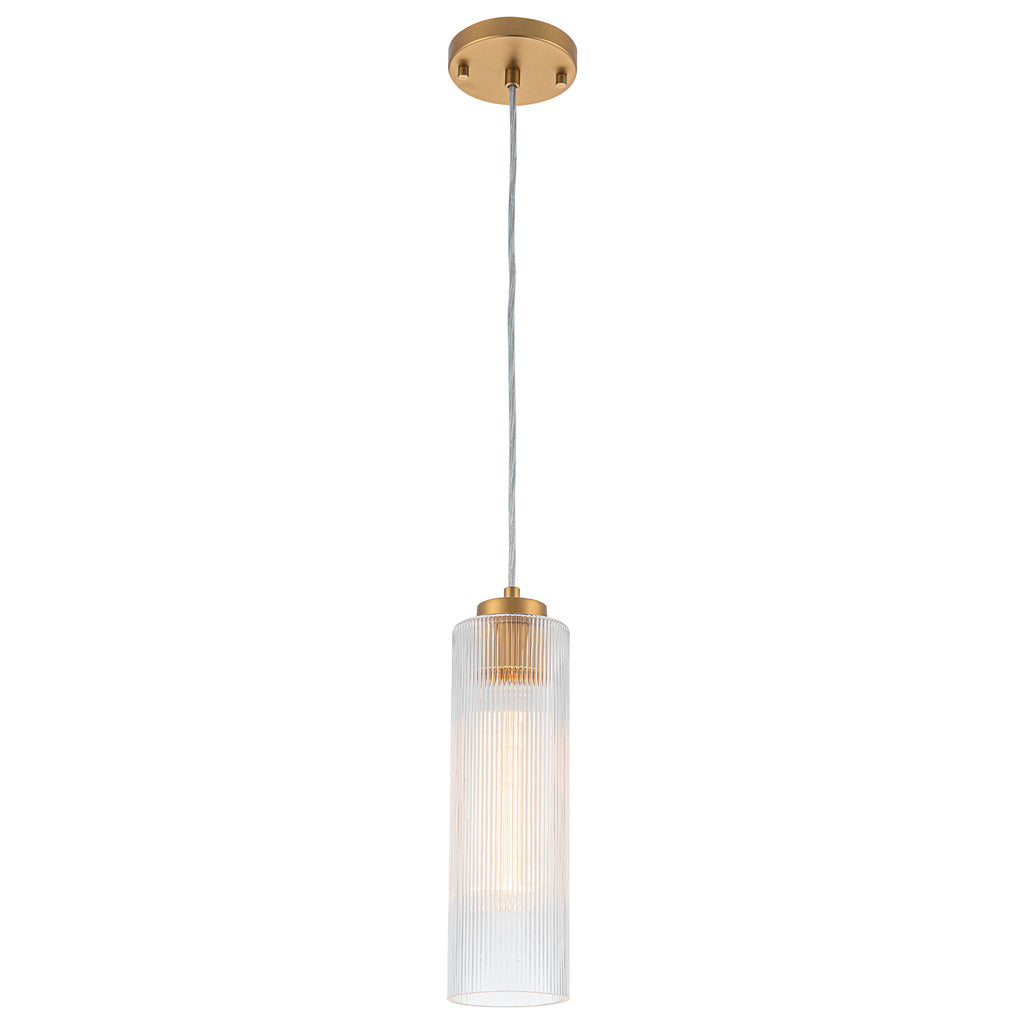 Matte Brass Cylinder Pendant Light Clear Ribbed Glass Shade Bedroom - product image 8 | Zenvolit