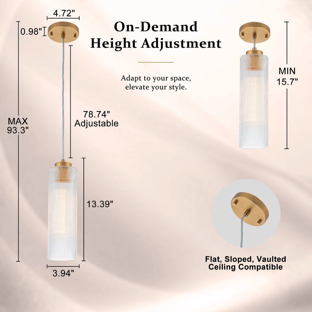 Matte Brass Cylinder Pendant Light Clear Ribbed Glass Shade Bedroom - product image 9 | Zenvolit