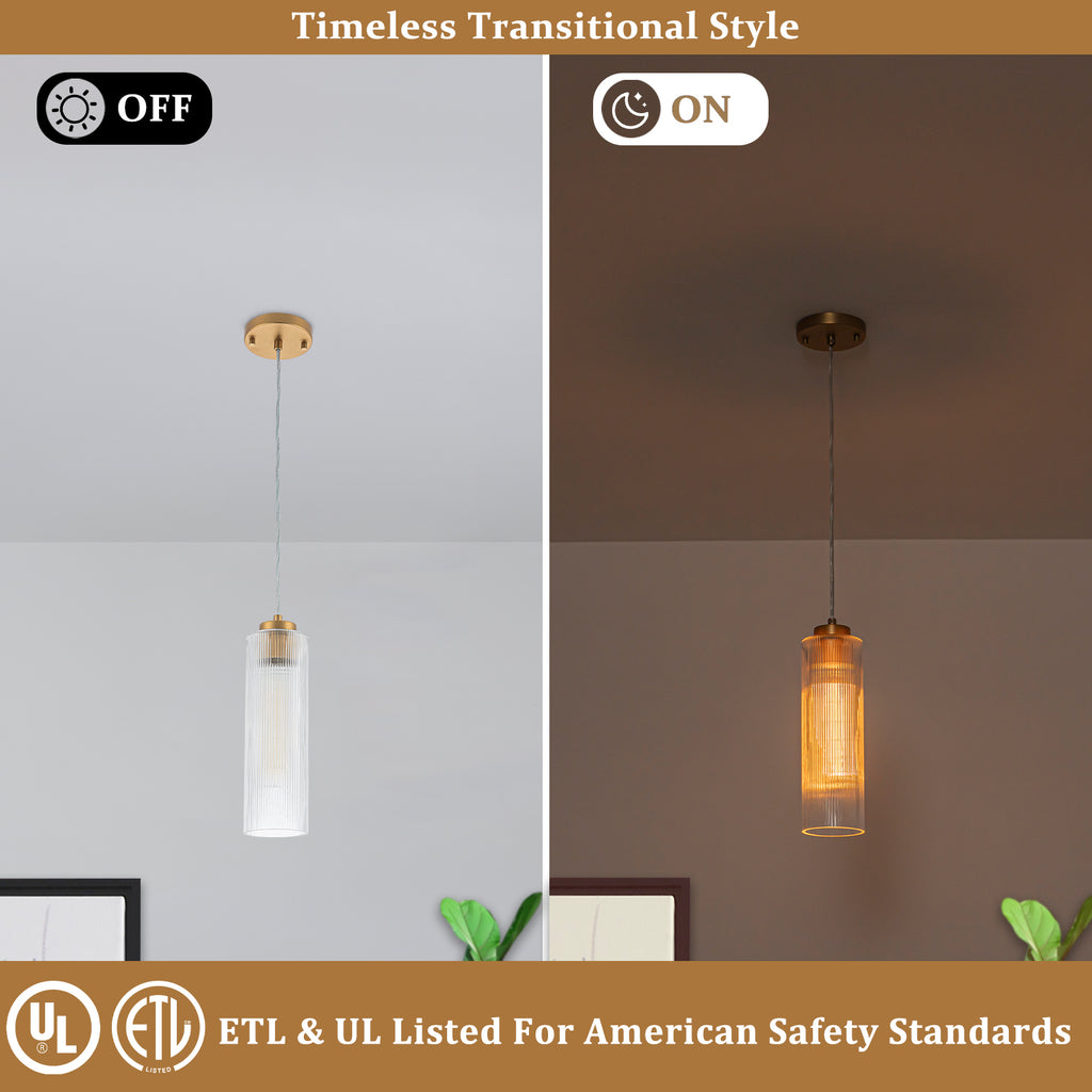 Matte Brass Cylinder Pendant Light Clear Ribbed Glass Shade Bedroom - product image 10 | Zenvolit