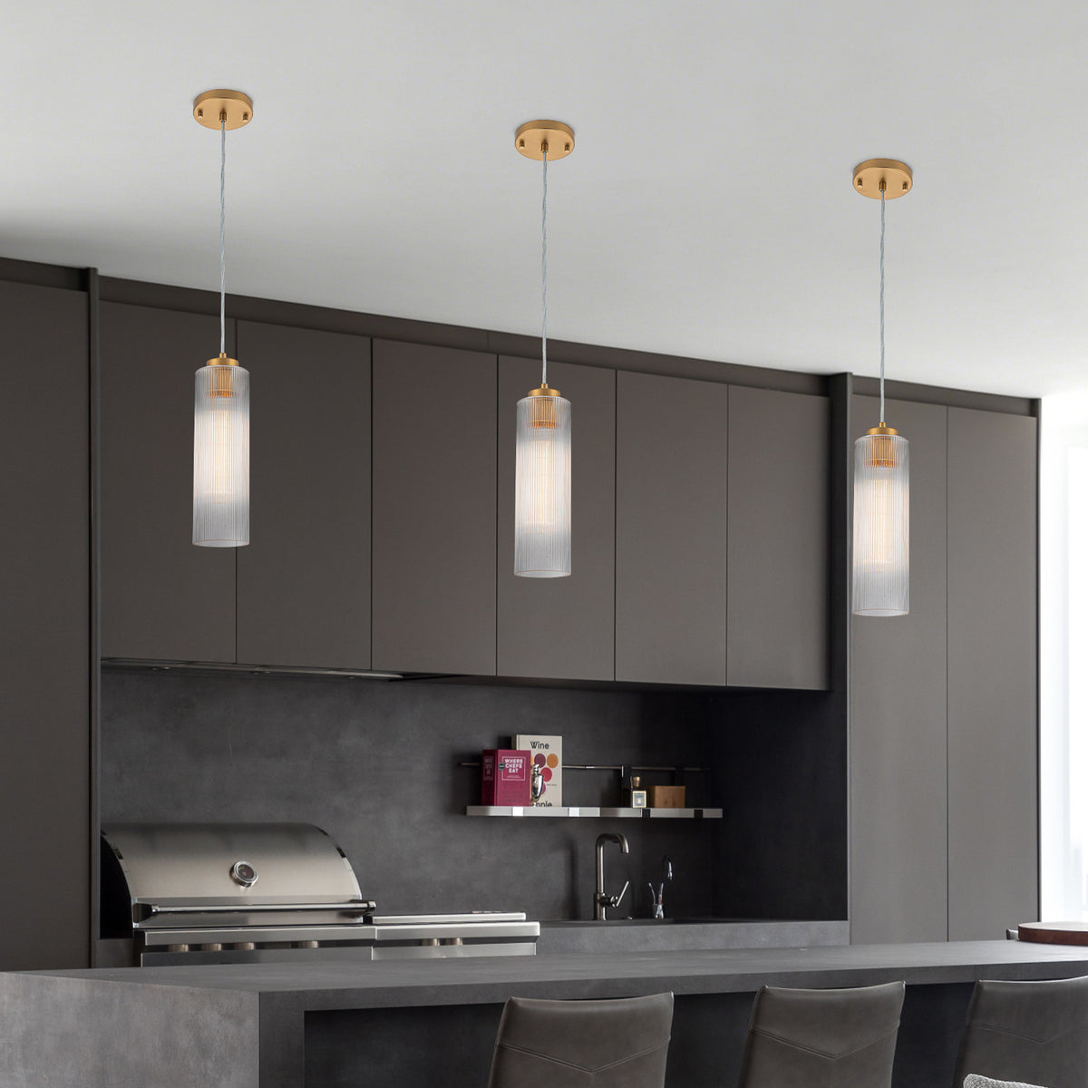 Matte Brass Cylinder Pendant Light Clear Ribbed Glass Shade Bedroom - product image 12 | Zenvolit