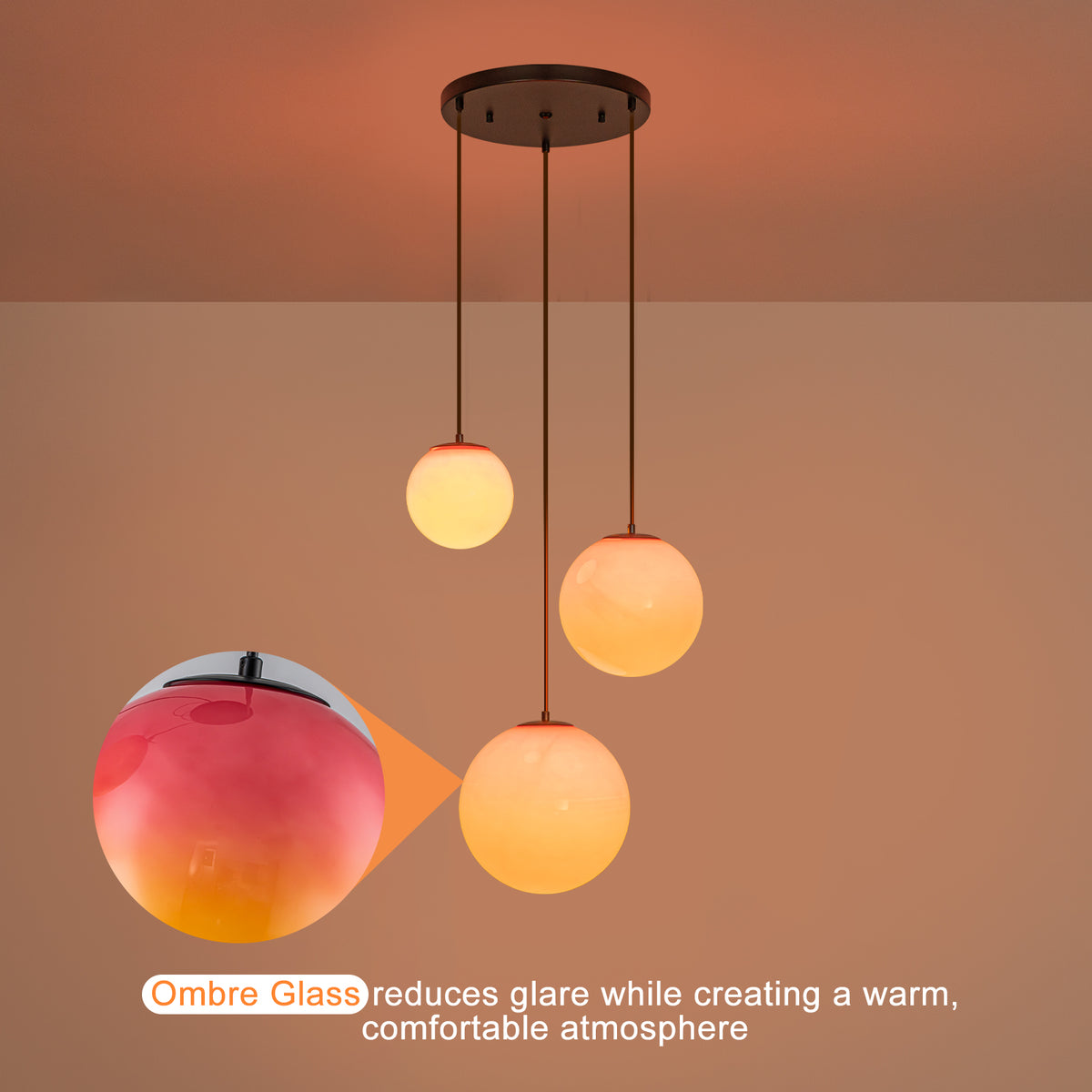 3 Light Black and Orange Gradient Glass Globe Pendant Adjustable - product image 6 | Zenvolit