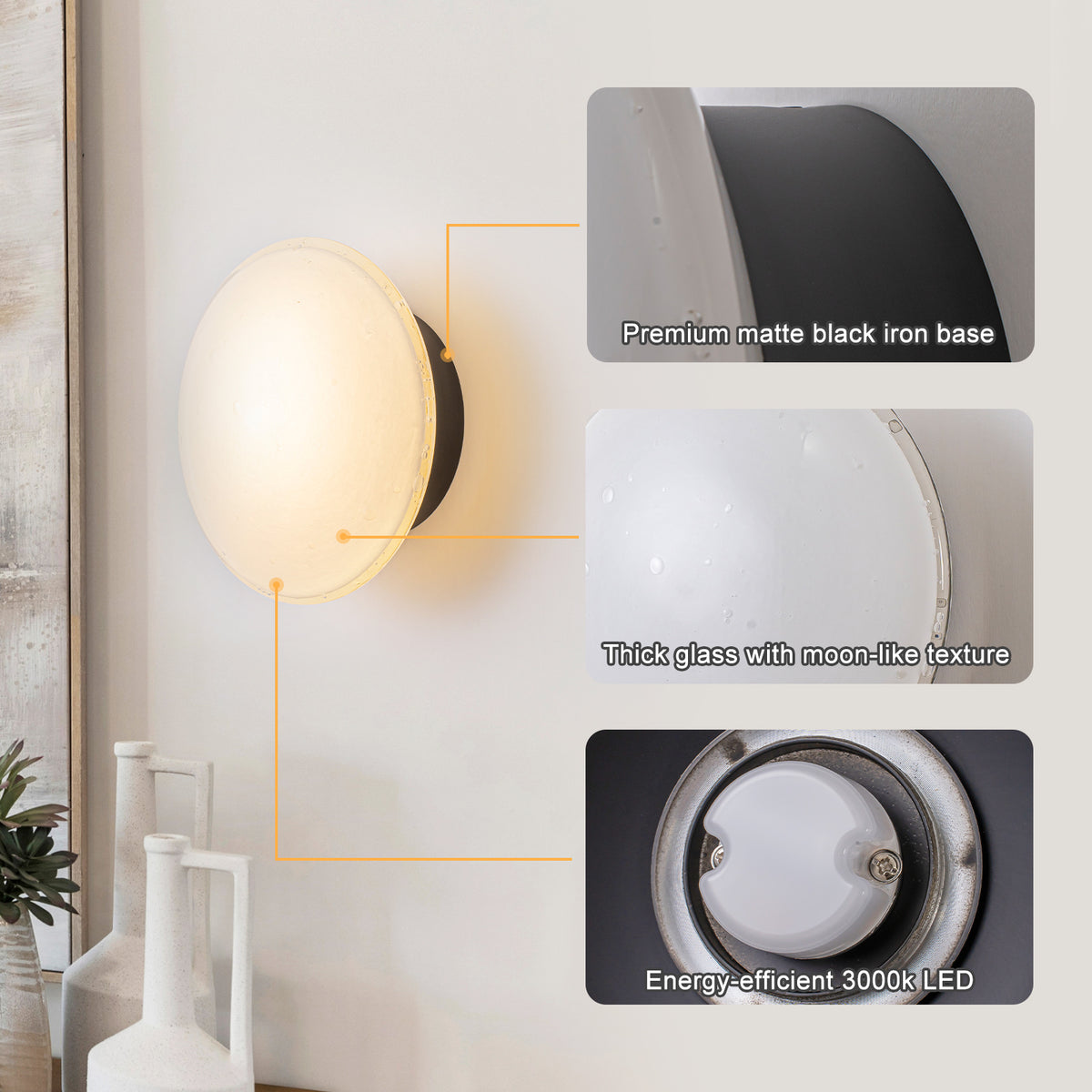 Dimmable LED Wall Sconce Moon Bubble Glass Matte Black Modern Light - product image 1 | Zenvolit