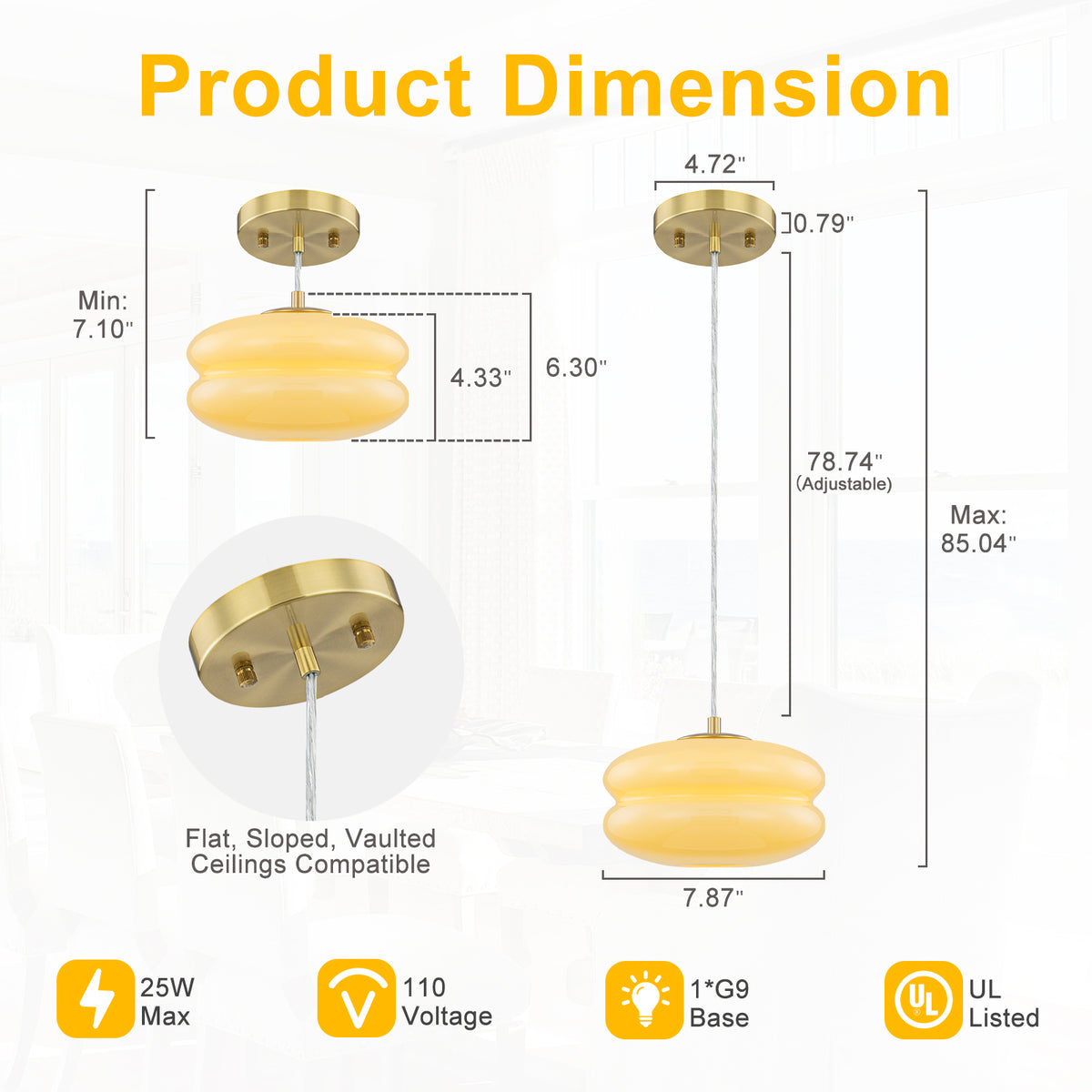 7.87 inch 1-Light Modern Gold Pendant Light with Cream Glass Shade - product image 4 | Zenvolit