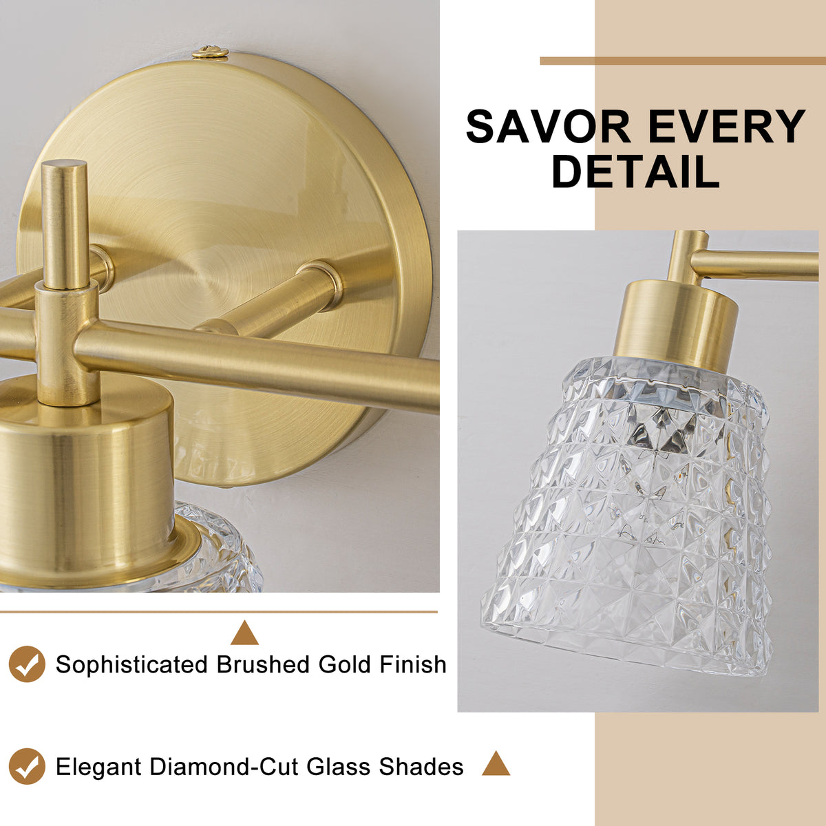 3 Light Gold Vanity Lights Clear Diamond Glass Shades Modern Wall Sconce - product image 1 | Zenvolit