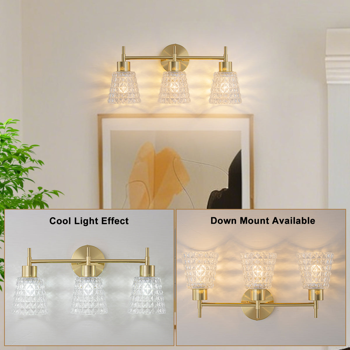 3 Light Gold Vanity Lights Clear Diamond Glass Shades Modern Wall Sconce - product image 2 | Zenvolit