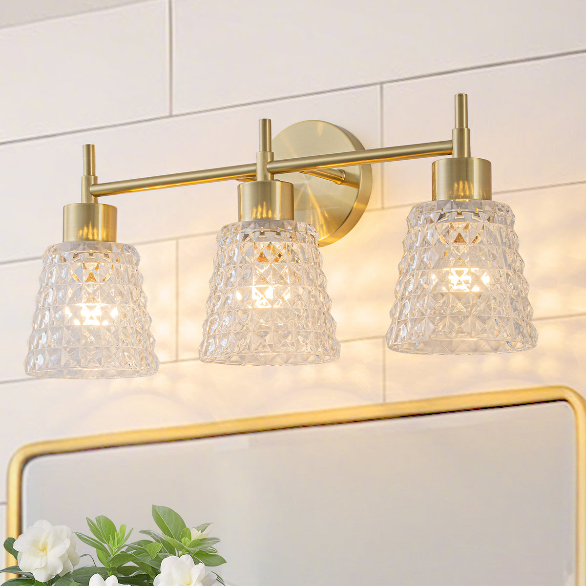 3 Light Gold Vanity Lights Clear Diamond Glass Shades Modern Wall Sconce - product image 5 | Zenvolit