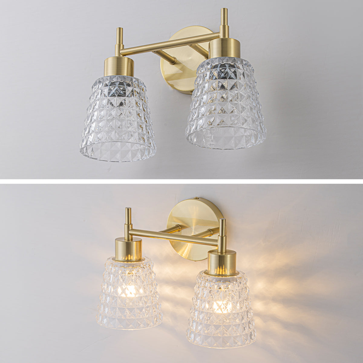2 Light Gold Vanity Lights Clear Diamond Glass Shades Modern Wall Sconce - product image 2 | Zenvolit