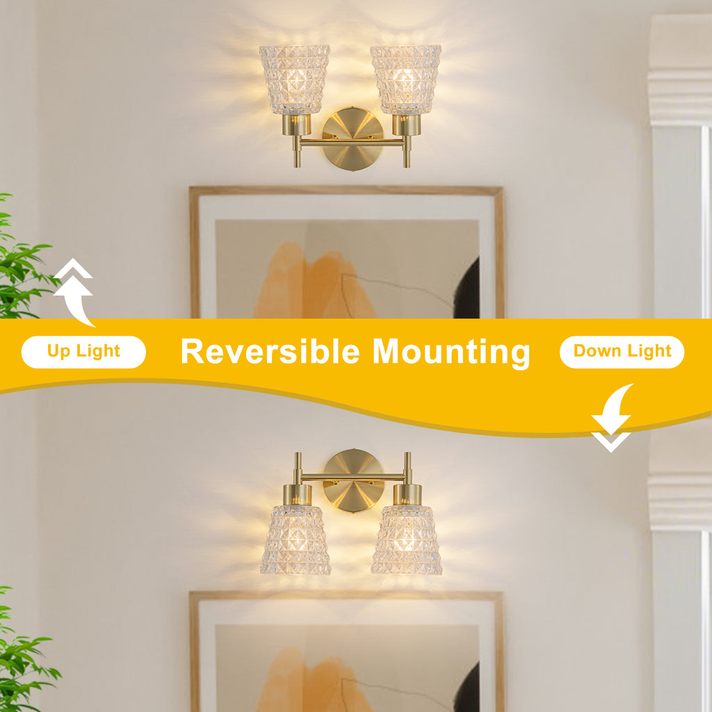 2 Light Gold Vanity Lights Clear Diamond Glass Shades Modern Wall Sconce - product image 3 | Zenvolit