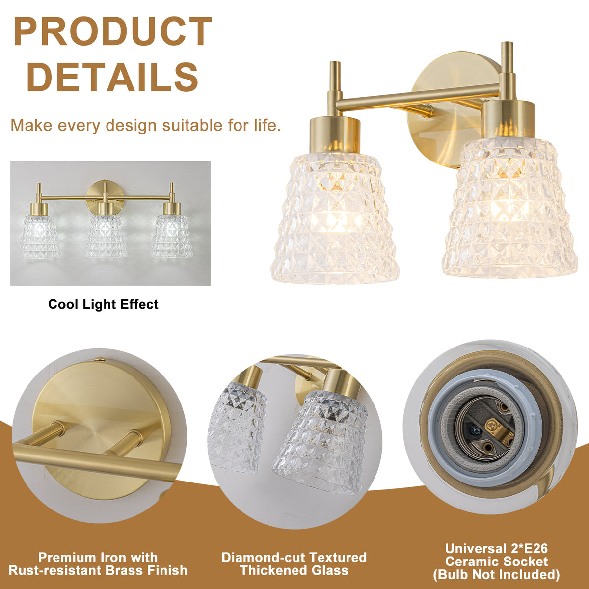 2 Light Gold Vanity Lights Clear Diamond Glass Shades Modern Wall Sconce - product image 4 | Zenvolit