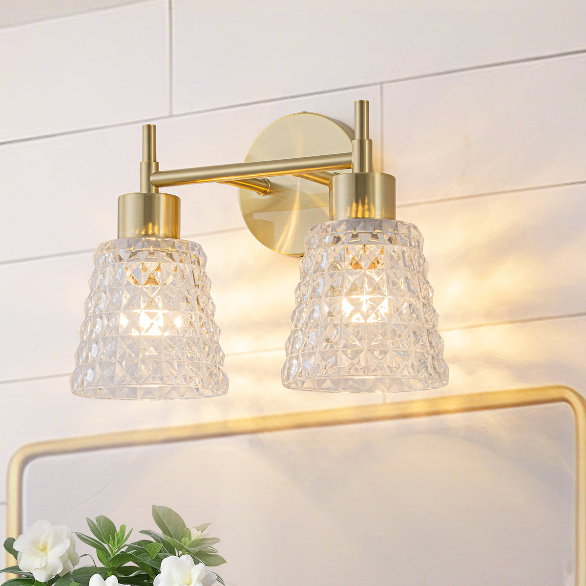 2 Light Gold Vanity Lights Clear Diamond Glass Shades Modern Wall Sconce - product image 6 | Zenvolit