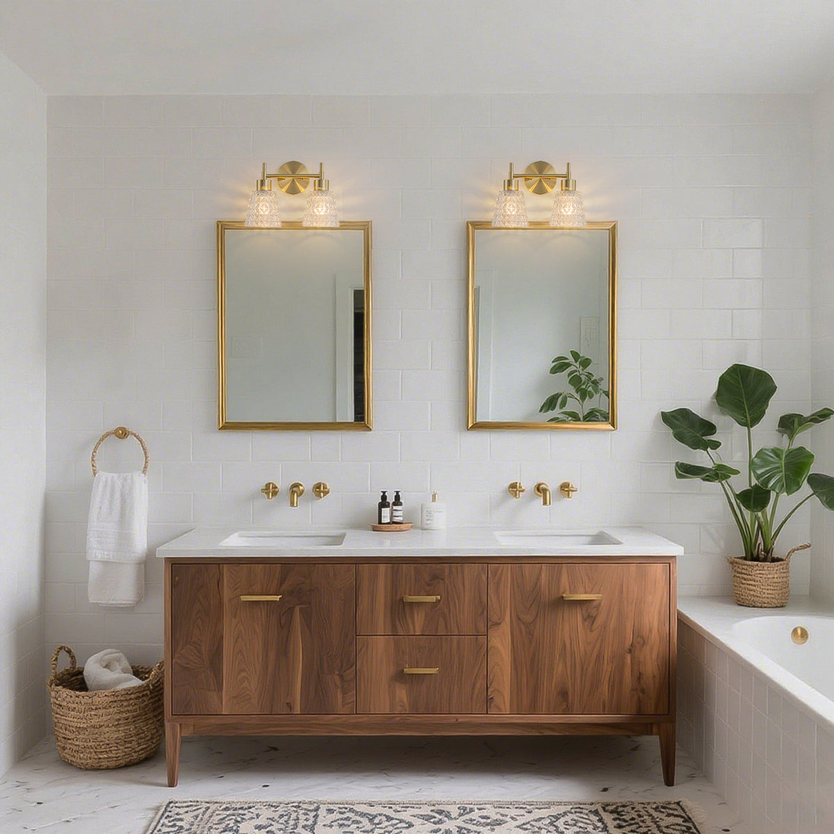 2 Light Gold Vanity Lights Clear Diamond Glass Shades Modern Wall Sconce - product image 8 | Zenvolit