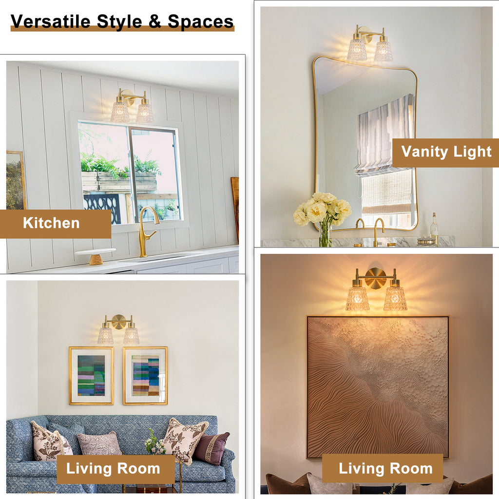 2 Light Gold Vanity Lights Clear Diamond Glass Shades Modern Wall Sconce - product image 13 | Zenvolit