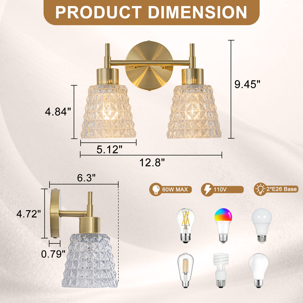 2 Light Gold Vanity Lights Clear Diamond Glass Shades Modern Wall Sconce - product image 14 | Zenvolit